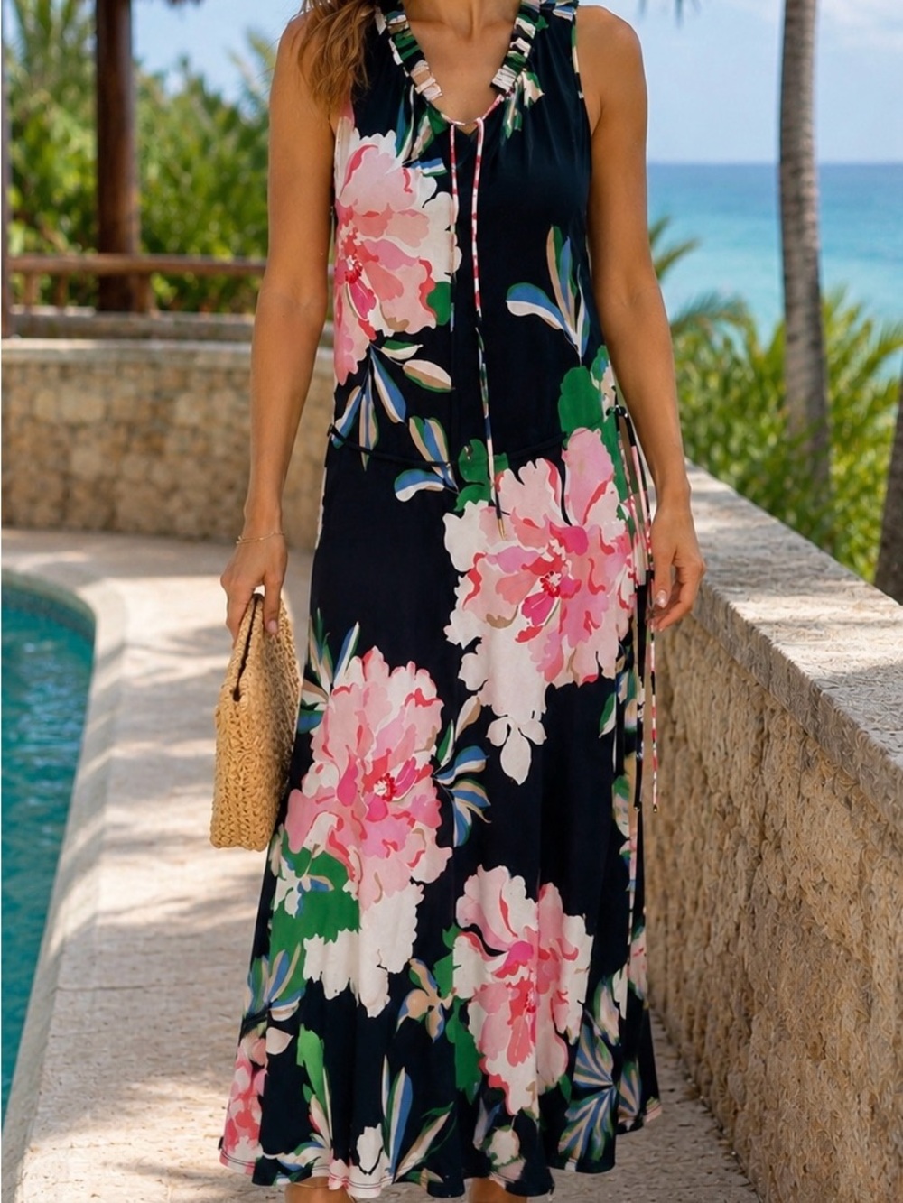 Tommy Hilfiger Floral Midi Dress Size 2 Navy Pink Sleeveless Tie V-Neck Resort